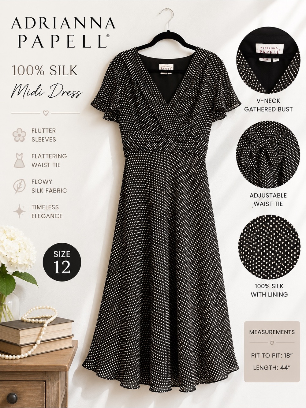 Adrianna Papell Black White Polka Dot 100% Silk Midi Dress Size 12